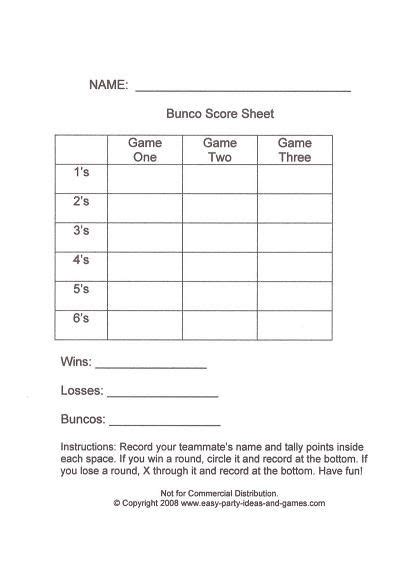 score  bunco score sheets