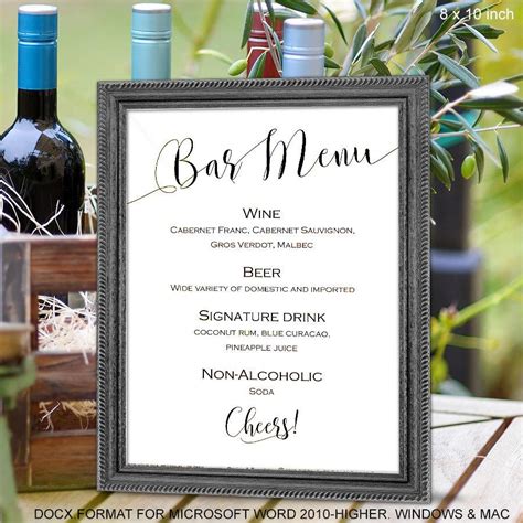 wedding bar menu sign printable bar menu template instant