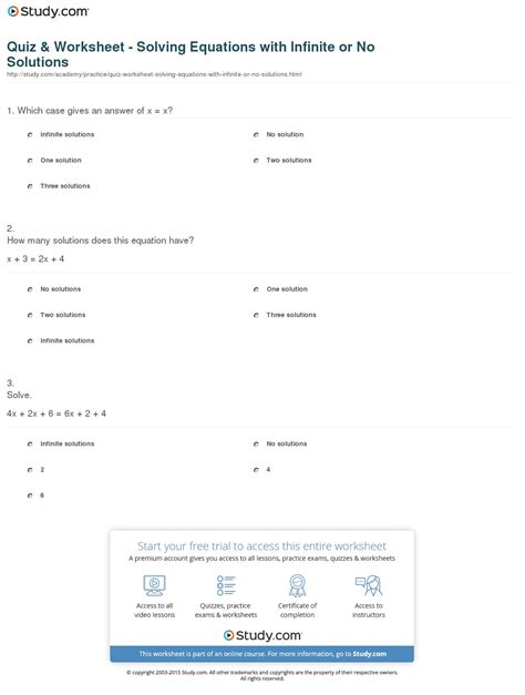 quiz worksheet solving equations  infinite   db excelcom