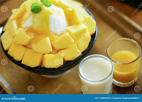 Korean Shaved Ice Cream Dessert With Sweet Toppings Mango Bingsu Or