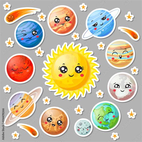 cartoon cute planets stickers happy planet face smiling earth  sun