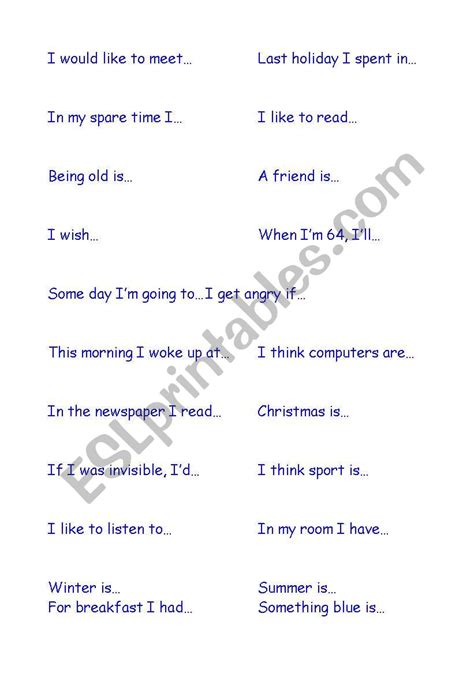 english worksheets sentences starters