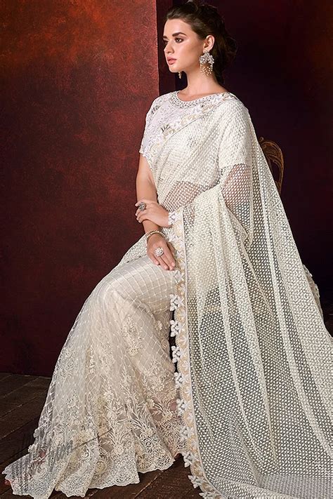 Buy Off White Pearl Work Saree In Net Online Like A Diva