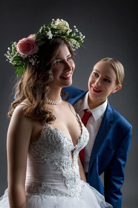 Lesbian Wedding Happy Bride And Groom Posing Stock Image Image Of