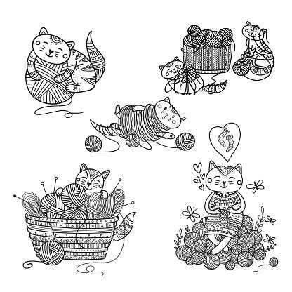 vector set  cute cats playing  yarn ball coloring stock