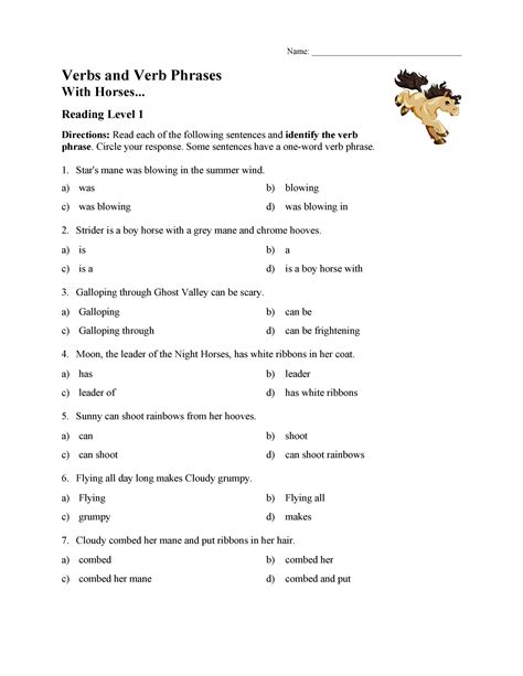 verb phrases test  horses reading level  preview