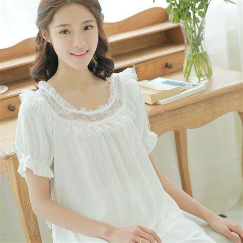women summer casual breathable hollow lace cotton princess nightgown