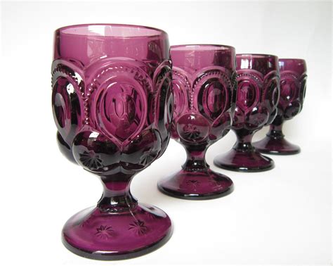 Set Of 8 Vintage Amethyst Moon And Stars Goblets Footed Tumblers