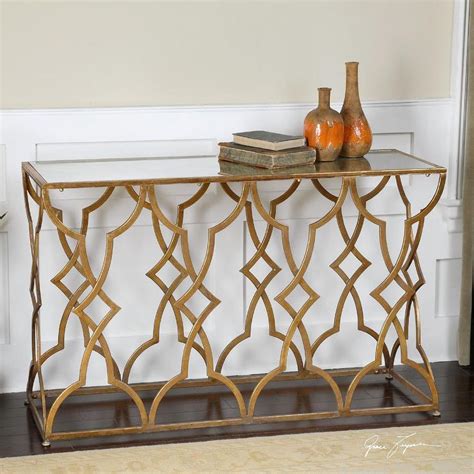 gold leaf trim mirrored console table