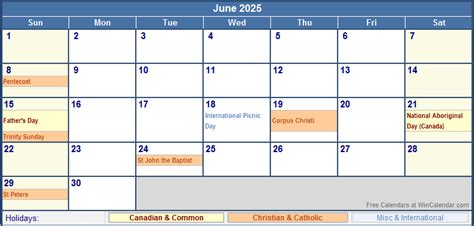 june  canada calendar  holidays  printing image format