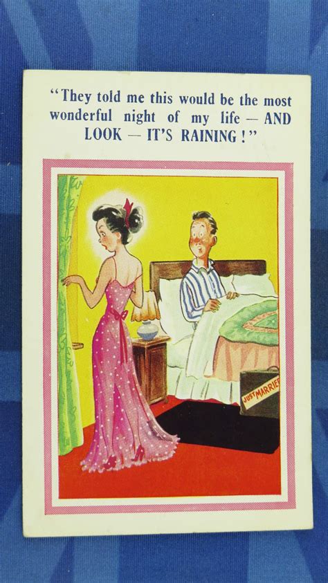 sunshine comic postcard 1950s honeymoon hotel weather rain