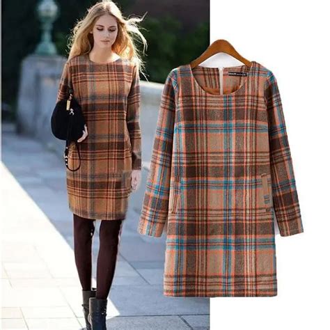 arrival winter clothing women fashion checked wool dress female high quality brand casual