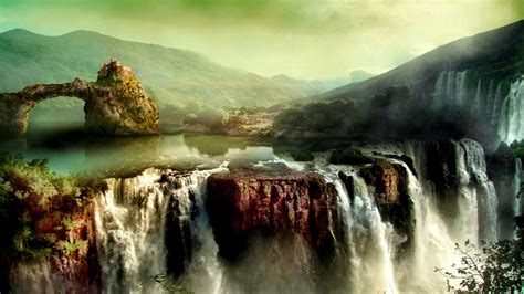 waterfalls painting fantasy art landscape waterfall nature hd