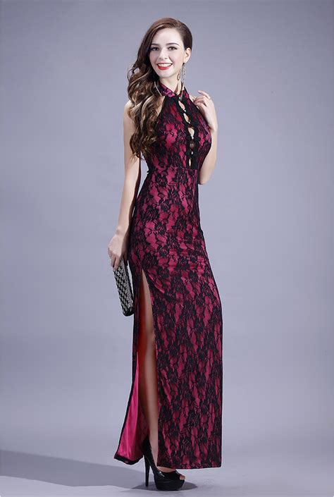 modern sleeveless long lace qipao cheongsam dress pink