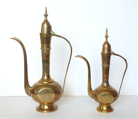 pair matching vintage indian engraved enamel brass swan spout coffee pots signed eur