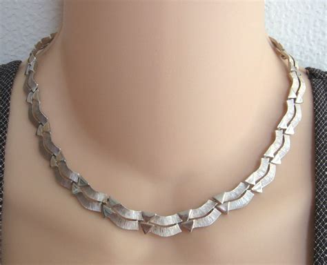 fancy textured silver necklace designer trifari 1980s