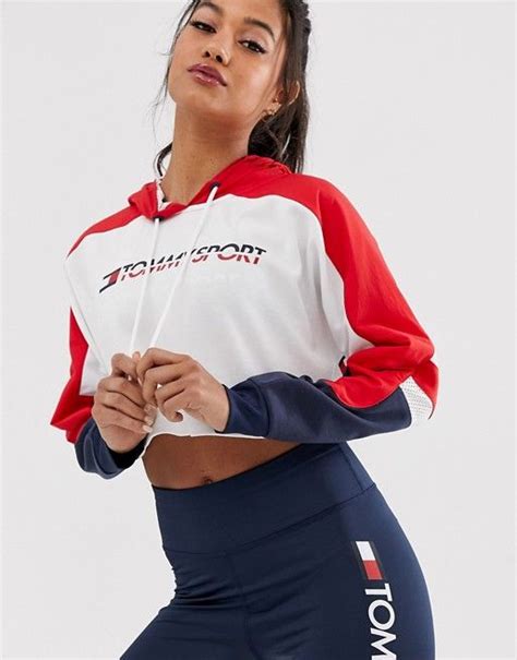 tommy hilfiger sport flag tape logo crop hoody  red asos sporty outfits nike outfits