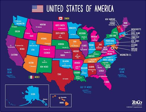 mappa degli stati uniti  america  capitali poster laminato