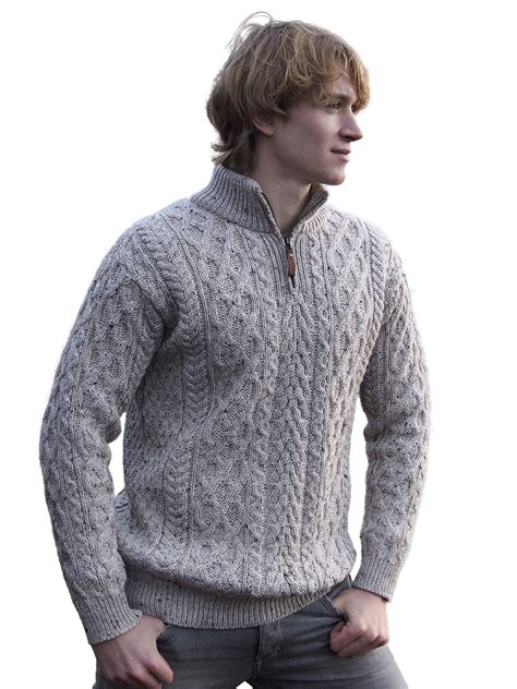 mens sweater  zip merino wool irish pullover traditional aran stitching ebay