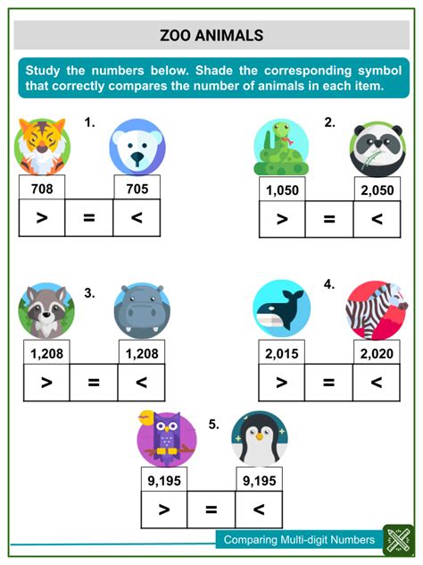comparing multi digit numbers  grade math worksheets  kids