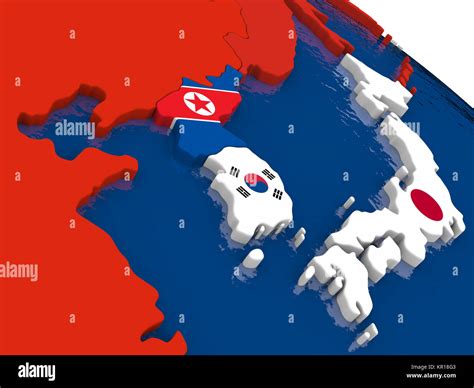 corea del sud  la corea del nord sulla mappa    le bandiere foto stock alamy