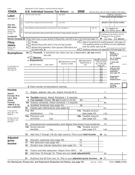 Form 1040a Individual Income Tax Return Short Form