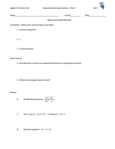 algebra ii practice test exponential  log functions part ii