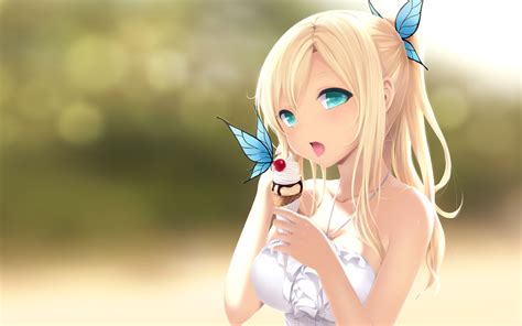 Anime Girl Anime Blonde Butterfly Cute Girl Green