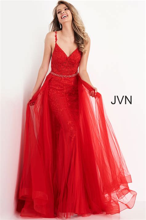 jvn02260 dress jvn red embellished belt v neck lace gown