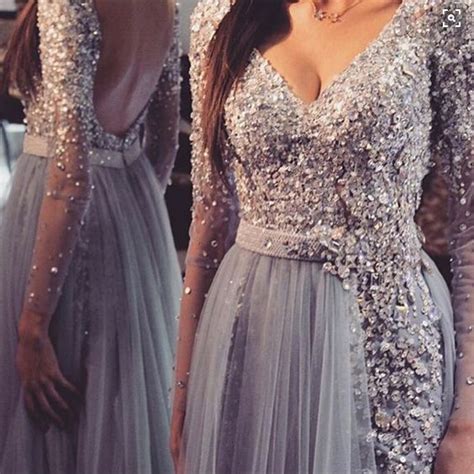 Long Sleeve Grey Prom Dresses Lace Prom Dresses Backless Prom Dresses