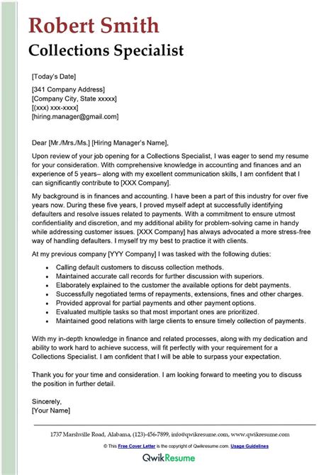 collections specialist cover letter examples qwikresume