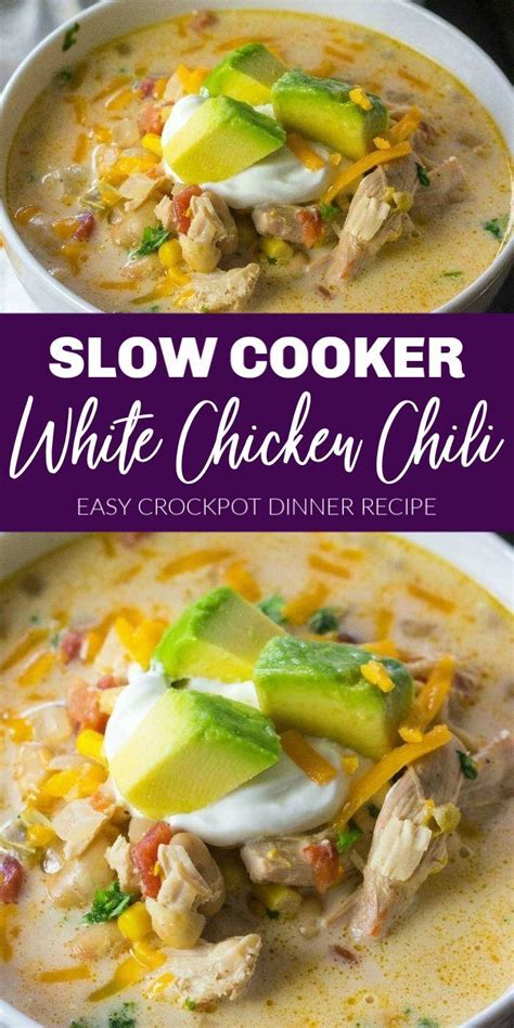 slow cooker white chicken chili with avocado and cheese