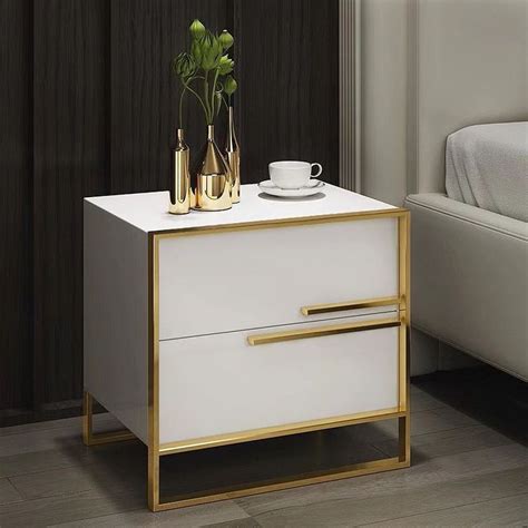 modern  drawer white lacquer nightstand  gold white nightstand
