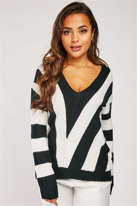 V Neck Striped Knit Jumper Just 7