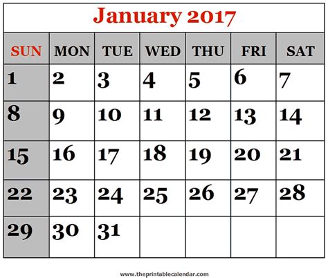 january 2017 printable calendars