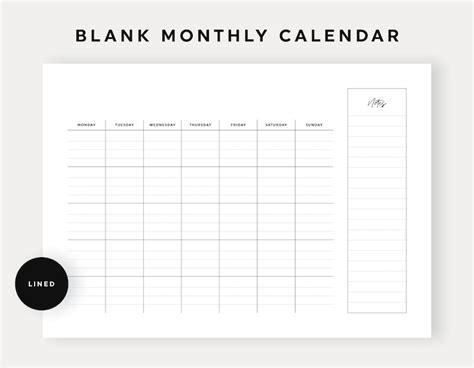 printable blank monthly calendar  notes  printable