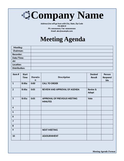 meeting agenda template fillable printable  forms handypdf