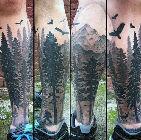mens leg sleeve forest  bigfoot tattoo leg tattoos sleeve tattoos forest tattoos