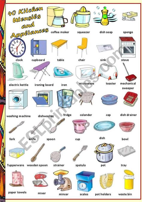 find  kitchen utensils  appliances esl worksheet  vanda
