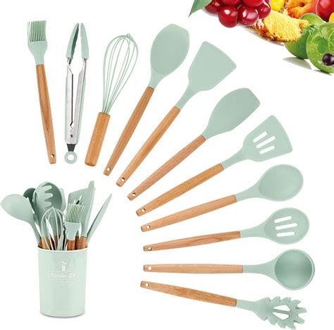 piece silicone kitchen utensil set premium natural wooden handles
