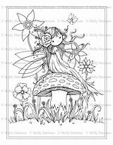 Coloring Pages Fairy Mushroom Whimsical Printable Sitting Molly Harrison Adult Cute Colouring Cool Fantasy Girls Books Flower Kids sketch template