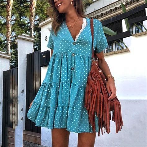 polka dot printed summer dress women 2019 v neck short