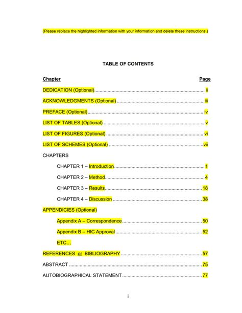 table  contents appendix  style  basic elements