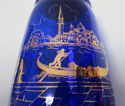 Cobalt Blue Glass Decanter With Gold Overlay Design Of Venice