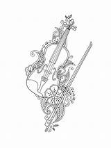 Violin Coloring Mehendi Doodle Leafs Bow Floral Flowers Style sketch template