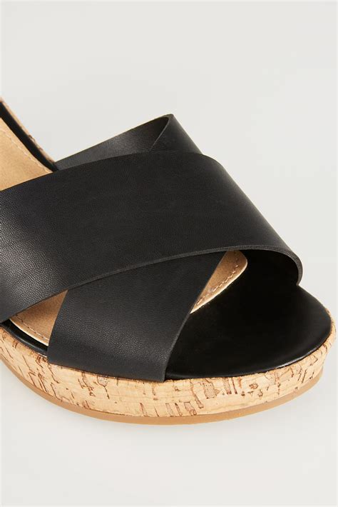 black crossover cork wedge sandals in eee fit