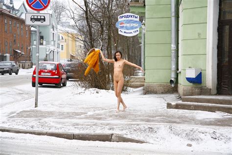 russian brunette exhibitionist walks naked at public street at winter russian sexy girls