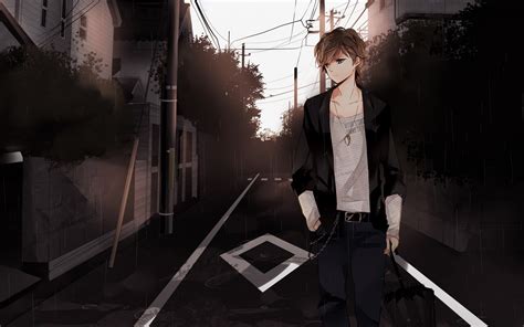 anime boy brown hair brown eyes walk street wallpaper   wallpaperup