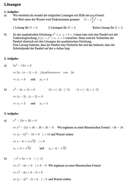 quadratische gleichung loesen klasse  klassenarbeit