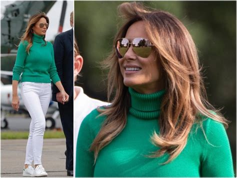 fashion notes melania trump glows in green ralph lauren sweater sneakers
